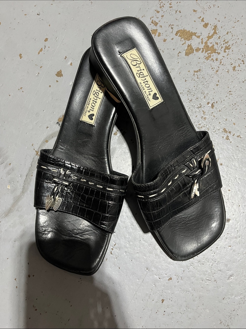 Brighton Black Croc-Textured Slide Mules with Silver Accents 8 made Italy